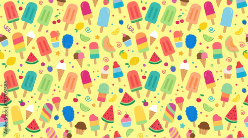 Vibrant Summer Pattern featuring Popsicles, Ice Cream, Lemons, and Glasses.