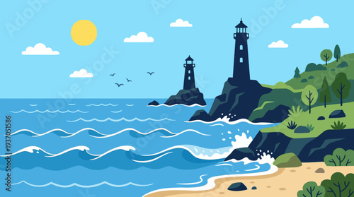 Sunlit coastal scene with lighthouse, waves, and sandy shore along green cliffs.
