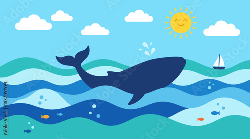 Playful whale swimming in blue ocean with sun and sailboat in a bright illustration.