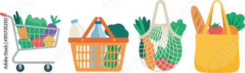 Healthy grocery shopping vector set featuring cart, basket, and reusable bags filled with fresh vegetables, fruits, and food items