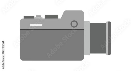 Flat design illustration of a compact digital camera, side view, gray tones