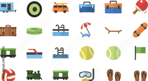 Summer Travel and Recreation Icon Set with Beach Chair Pool Train Tennis Ball Skateboard Luggage and Holiday Activity Vector Illustration.