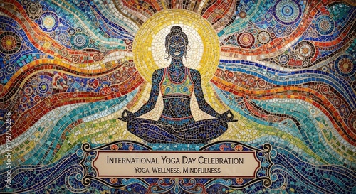 Meditative figure in vibrant psychedelic art with intricate patterns and colors representing spiritual enlightenment and harmony