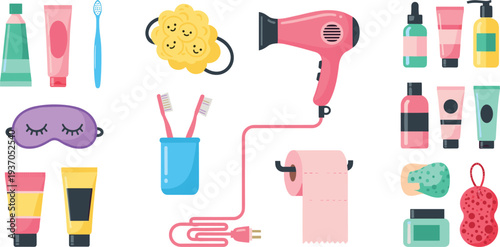 Personal hygiene and bathroom essentials collection with hair dryer toothbrush toothpaste skincare bottles sponge toilet paper vector illustration set
