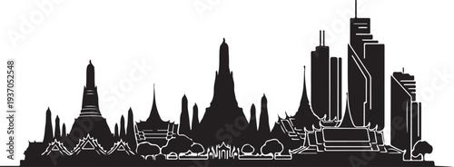 Ancient thai temple and modern architecture silhouette isolated on transparent background