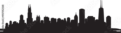 City skyline silhouette illustration with tall buildings and skyscrapers on transparent background