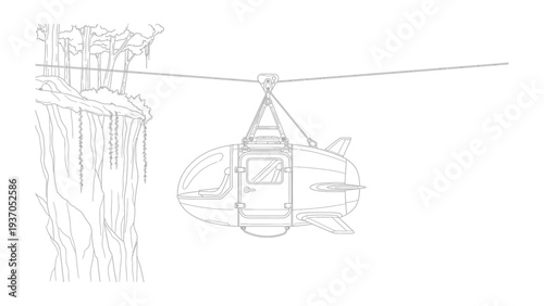Zipline Capsule: An illustration of a zipline capsule, showcasing a unique and innovative transportation concept suspended amidst a natural setting.