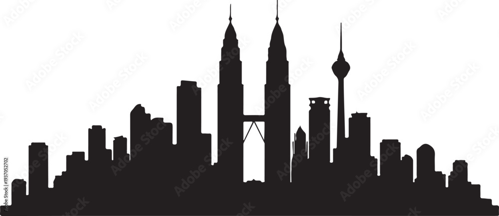 Naklejka premium Cityscape silhouette of Kuala Lumpur skyline with prominent skyscrapers and towers in Malaysia