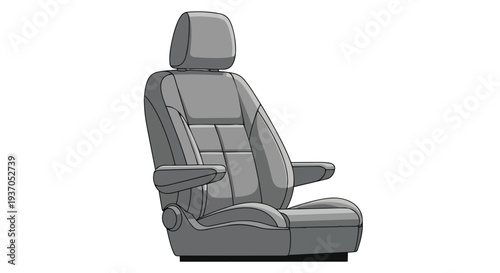 Modern Car Seat with Armrests and Headrest, Gray Upholstery, Isolated on White