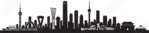 Cityscape silhouette with modern and traditional buildings and landmarks in a single panoramic view