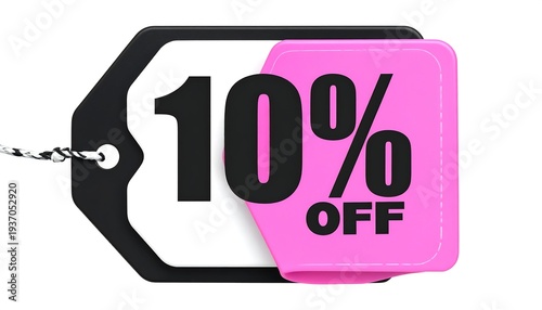 10% off tag with black and pink design, showing discount offer with string