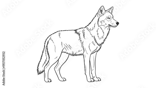 Lone Wolf in the Wilderness: A solitary wolf stands proudly in a stark illustration, its gaze fixed, embodying resilience and the raw beauty of the wild.