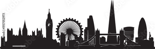 London city skyline silhouette with iconic landmarks and transportation isolated on transparent background