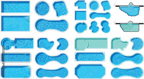 Swimming Pool Top View Collection with Different Pool Shapes, Water Texture, Ladders and Modern Backyard Pool Design Vector Set