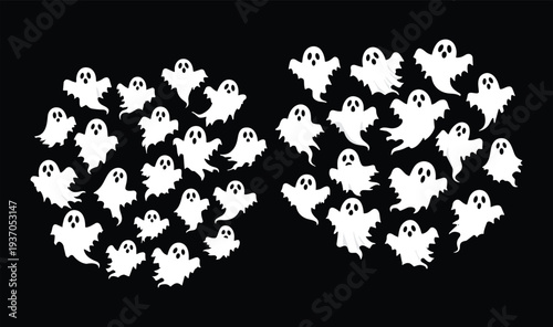 Cute Halloween Ghost Characters Collection Flying Spooky Spirits Cartoon Set Isolated on Black Background for Halloween Decoration Vector Illustration