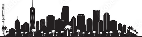 Modern city skyline with palm trees and skyscrapers in silhouette on transparent background