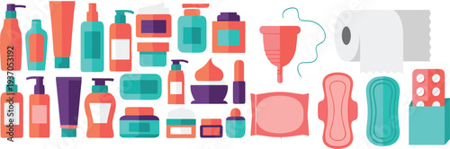 Women Personal Care and Hygiene Products Collection Vector Set with Cosmetics, Sanitary Pads, Tampons, Toilet Paper and Beauty Bottles