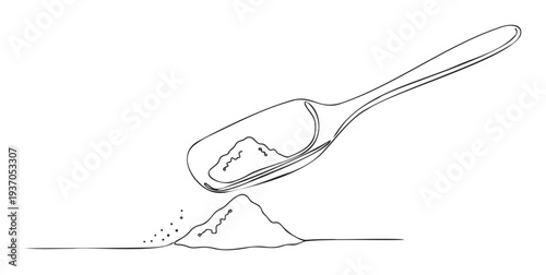 Elegant line drawing showing a kitchen scoop gently pouring white powder onto a small heap, perfect for cooking illustrations, baking recipes, food preparation content, and instructional