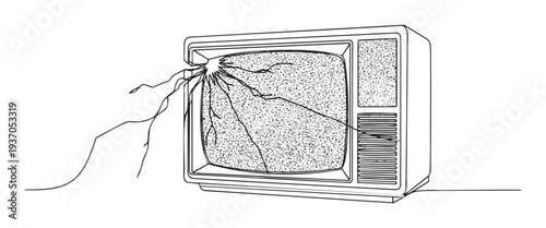 A single continuous line drawing depicts an old television set with a broken screen displaying static, symbolizing outdated communication technology for educational and media projects.