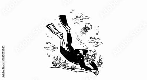 Black and white drawing of a scuba diver exploring the underwater world with fish