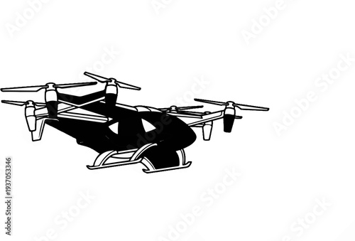 Black and white illustration of a quadcopter drone in flight against a white background
