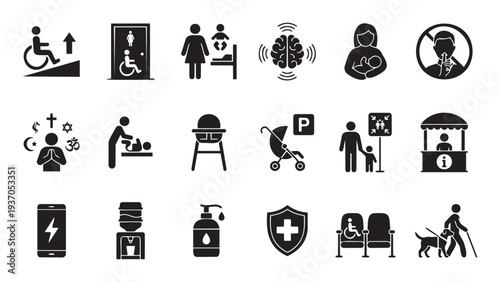Collection of public amenity and accessibility icons representing services for parents, people with disabilities, diverse faiths, and essential safety needs, ideal for informational signage
