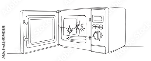 Continuous line drawing of a microwave oven with its door open showing an electrical spark inside indicating a kitchen appliance malfunction useful for home repair guides or safety