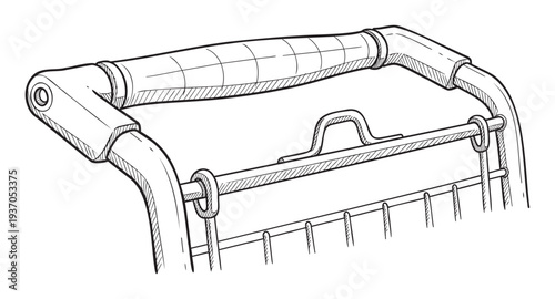 A precise black and white line drawing depicting a shopping cart handle with its functional basket top, perfect for illustrating retail concepts, grocery store guides, or product design