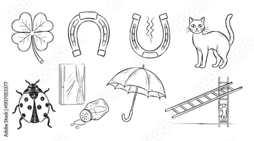 Diverse collection of classic good luck charms and bad luck superstition symbols, featuring universally recognized icons for folklore, cultural beliefs, and traditionthemed materials.