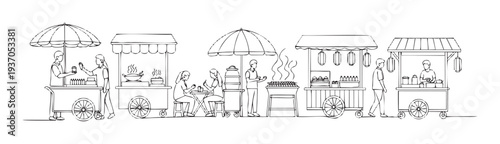 Lively outdoor street food stalls offering authentic cuisine with vendors serving hot meals and people eating, ideal for showcasing local urban gastronomy