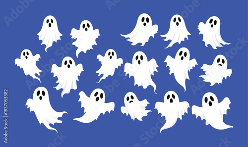 Spooky Halloween ghost cartoon character set with flying white spirits isolated on blue background festive vector illustration