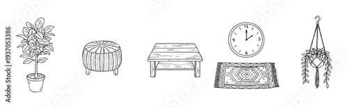 Hand drawn outline elements for cozy home interiors, featuring potted plants, a wooden table, pouf, wall clock, and decorative rug, suitable for interior design and household decor ideas