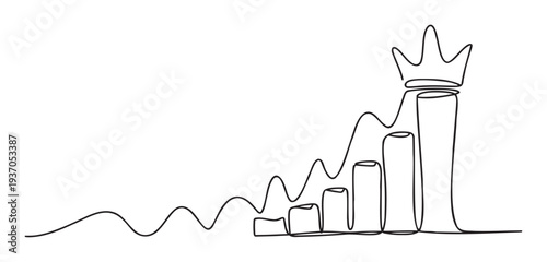 Monoline drawing of an upward trending financial graph with a majestic crown on the highest column, representing steady business growth, ultimate success, and toptier achievement for
