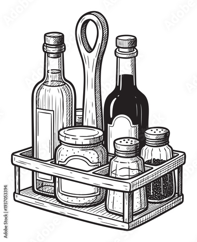 A complete kitchen condiment caddy featuring various bottles and shakers for oil, vinegar, salt, and pepper, perfect for cooking articles and culinary related blog posts.