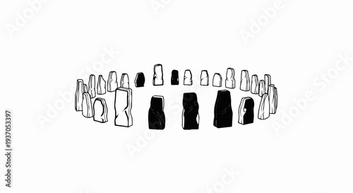 Ancient stone circle illustration with alternating black and white monoliths