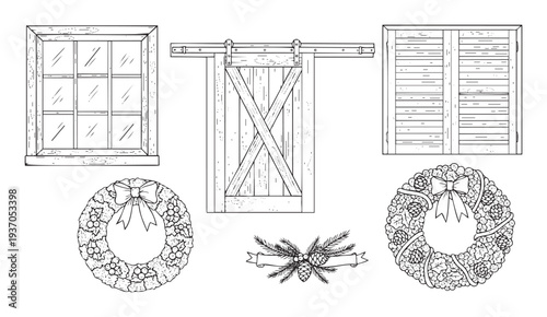 Black and white line drawings of rustic window, barn door, and louvered shutter with festive holiday wreaths and pinecone branches ideal for seasonal decorations and greeting projects.