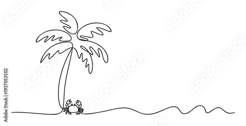 Continuous line drawing of a palm tree and a crab on a sandy beach, perfect for tropical vacation themes, summer travel promotions, or minimalist nature designs