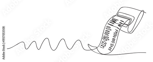 Continuous line drawing of a receipt printer issuing a long wavy financial bill symbolizing detailed transactions and expenditure for business accounting and consumer spending concepts.