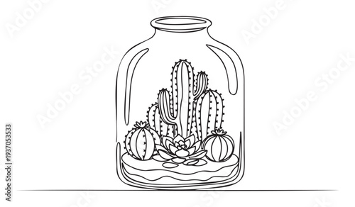 A simple continuous line drawing of various cactuses and succulents arranged inside a clear glass jar, perfect for minimalist home decor inspiration or botanical themed graphic projects.