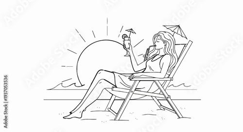 Woman relaxing on a beach chair with a drink under the sun