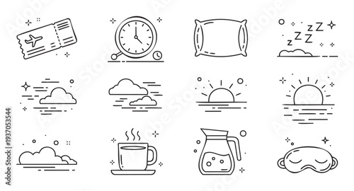 Modern collection of outline symbols depicting travel, rest, time management, and daily routines suitable for user interface design and various digital platforms