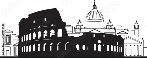 Rome cityscape with Colosseum and Vatican landmarks silhouette illustration isolated on transparent background
