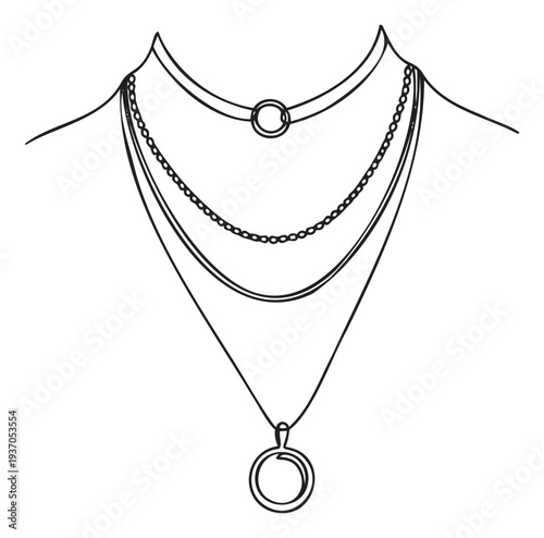 Elegant neckline adorned with a stylish collection of layered necklaces featuring various chains and a circular pendant, perfect for jewelry store advertising or minimalist fashion design