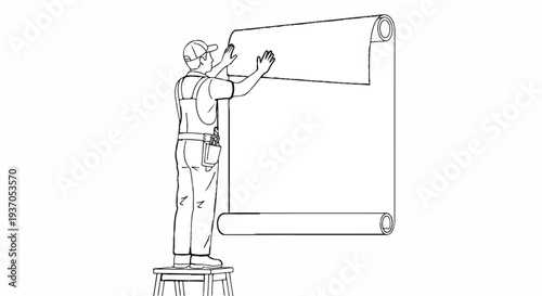Worker on stool applying large sheet of paper or wallpaper to a wall