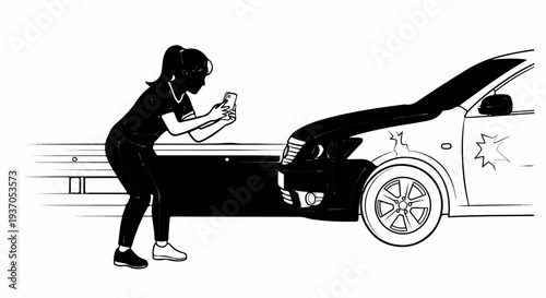 Woman photographs damaged car next to guardrail
