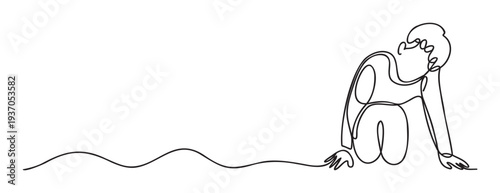 A continuous single line drawing of a person sitting on the ground with their head bowed, conveying feelings of sadness and introspection, perfect for conveying mental wellbeing struggles