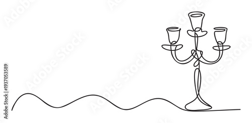 Elegant continuous line drawing of a threebranch candelabra starting from a flowing wavy curve, perfect for minimalistic event invitations, sophisticated decor concepts, and subtle luxury
