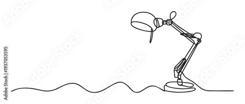 A contemporary one line drawing of an adjustable desk lamp with a minimalist style for graphic resources, educational content, or office environment decoration projects
