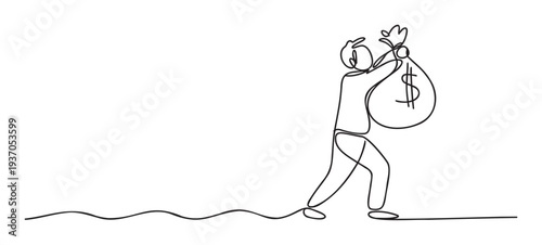 Single continuous line drawing depicts a person carrying a large heavy money bag with a dollar sign illustrating the burden of wealth or financial gain for business and economic concepts