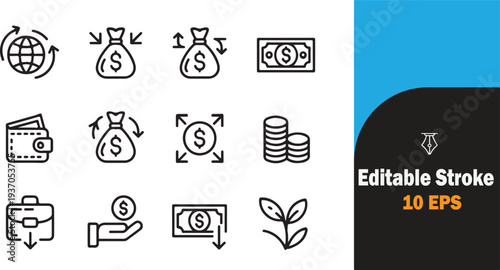 Set of editable stroke icons for financial growth and investment concepts